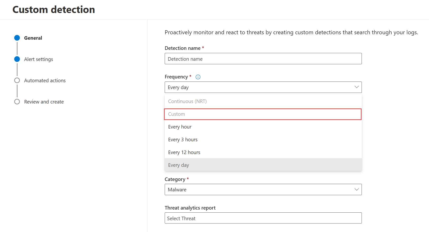 Screenshot that shows the Custom frequency option in the Custom detections setup guide.