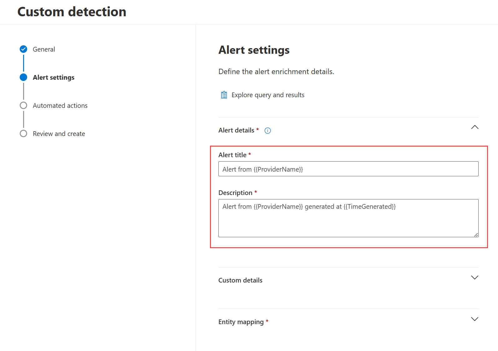 Screenshot that shows the dynamic alert title and description fields in the Custom detections wizard.