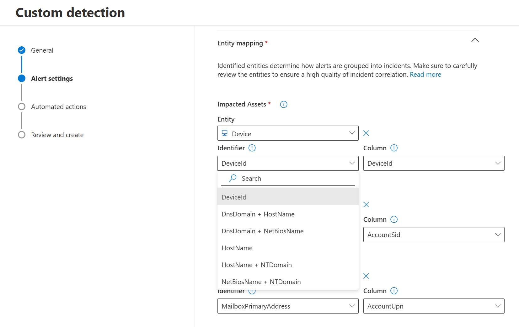 Screenshot that shows the entity mapping options in the Custom detections wizard.