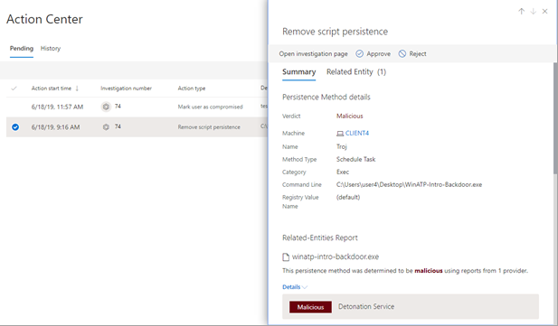 A screenshot of the pane displaying the options to approve or reject an action in the Microsoft Defender portal.