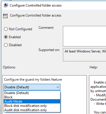Screenshot shows the group policy option enabled and Audit Mode selected.
