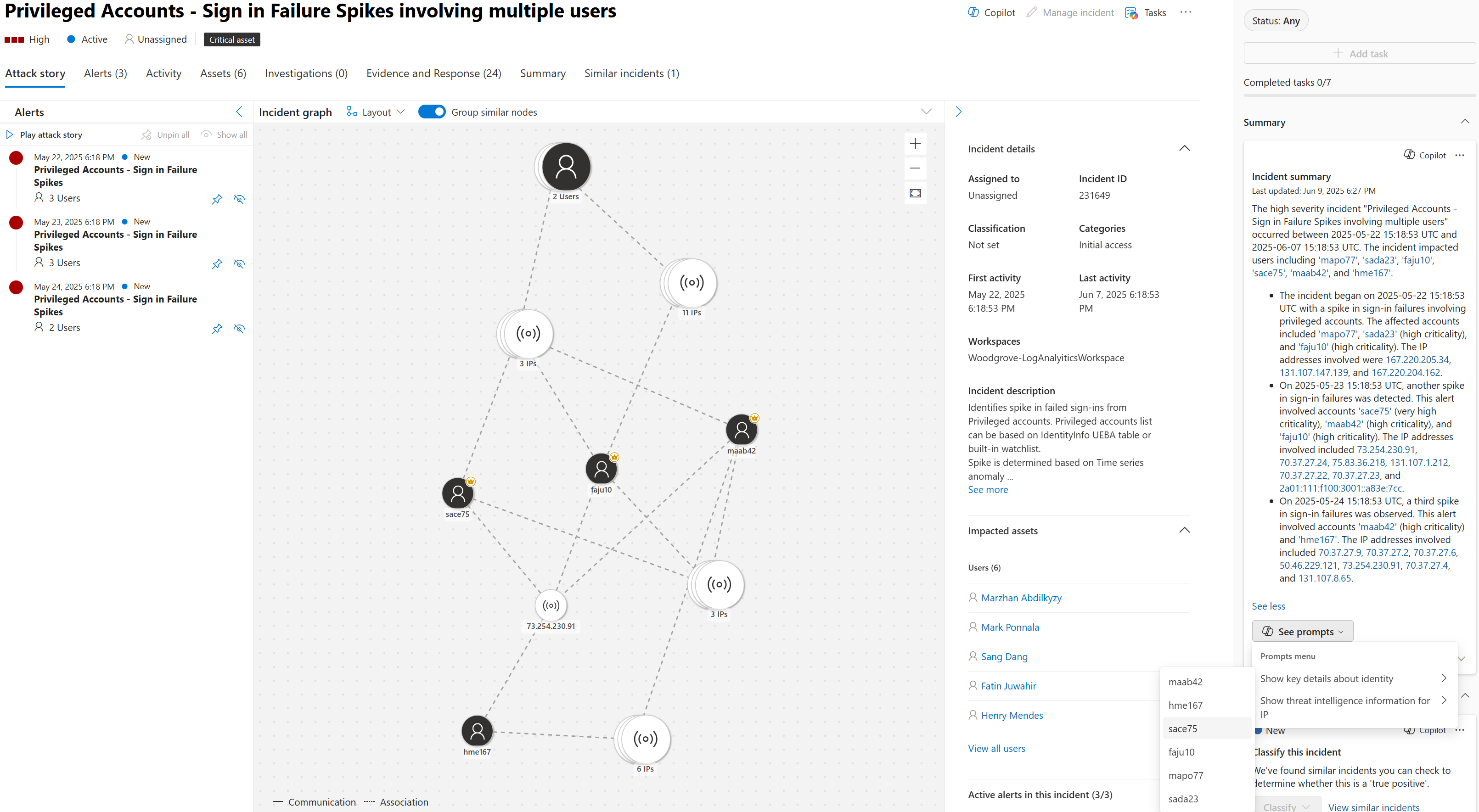 Screenshot that shows the incident summary card on the Copilot pane as seen in the Microsoft Defender incident page.