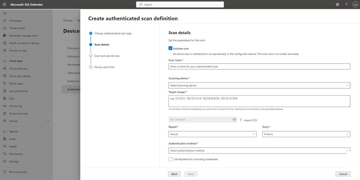 Screenshot of the add new network device authenticated scan screen.