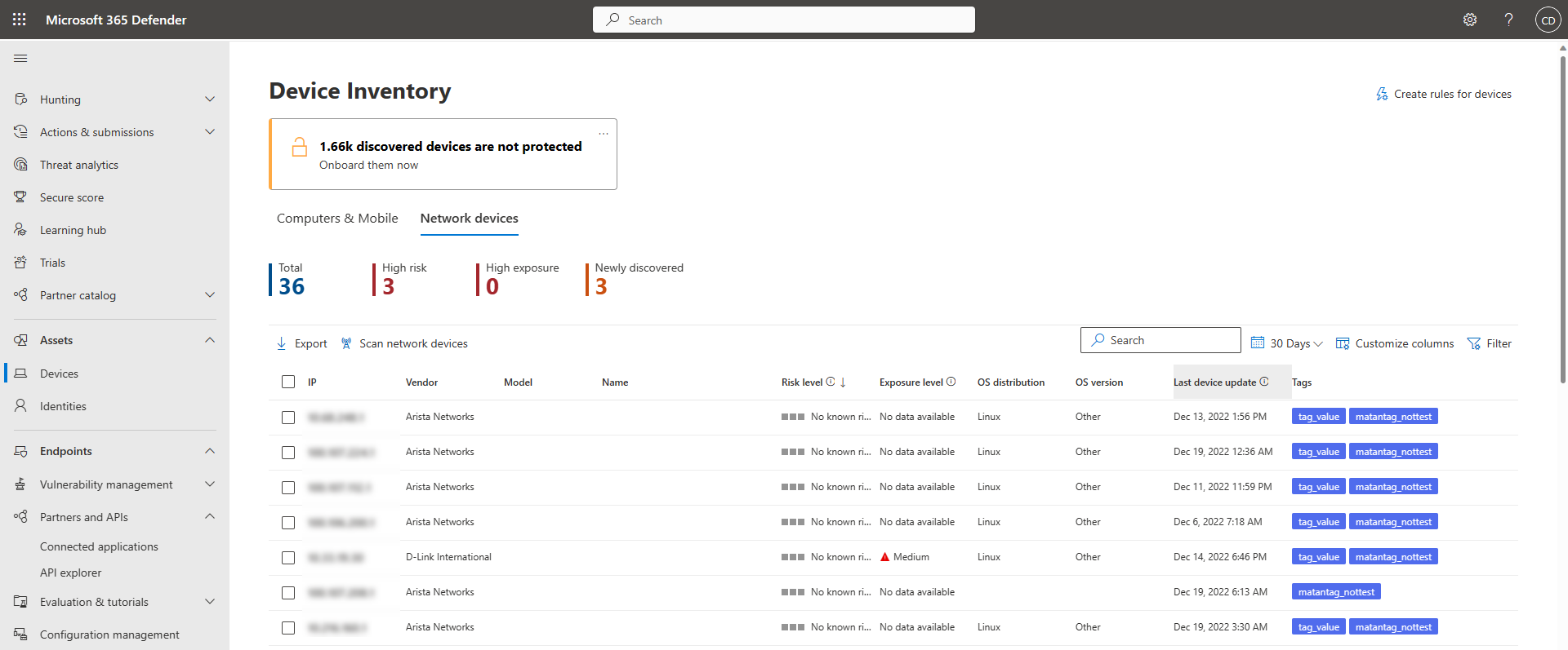 Screenshot of the network device tab in the device inventory.