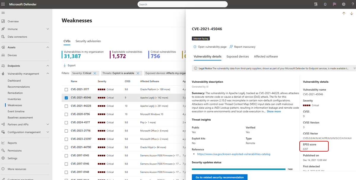 Screenshot of the weaknesses epss score.