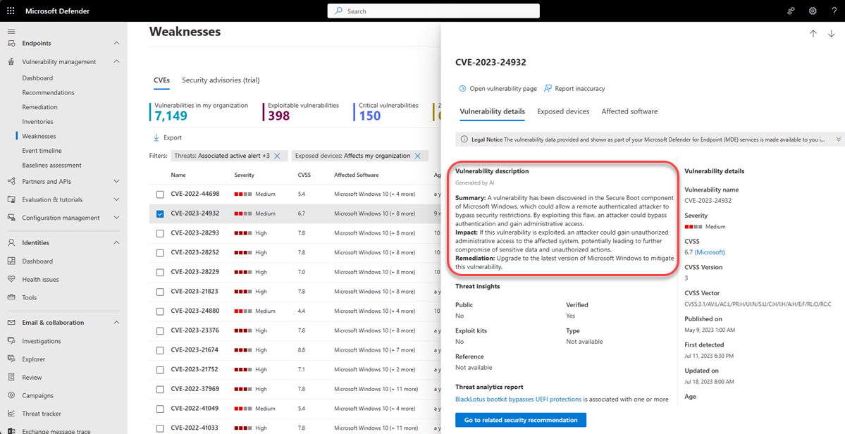 Screenshot of the weaknesses weaknesses-flyout pane