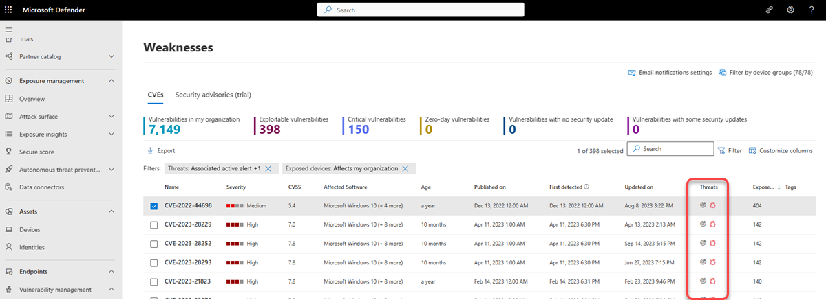 Screenshot of the threats column icons