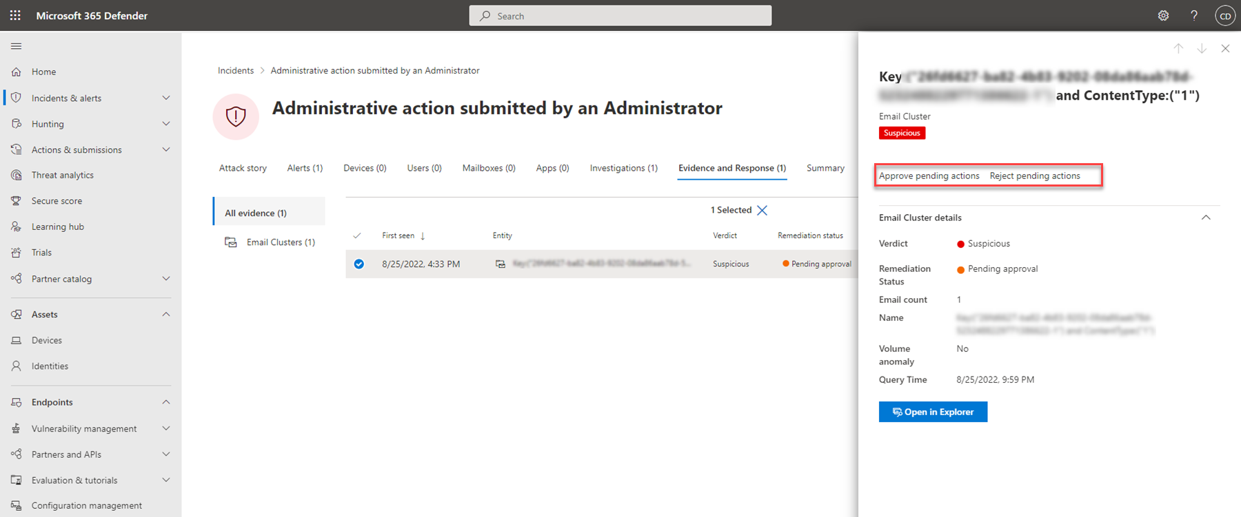 The Approve\Reject option in the Evidence and Response management pane for an incident in the Microsoft Defender portal
