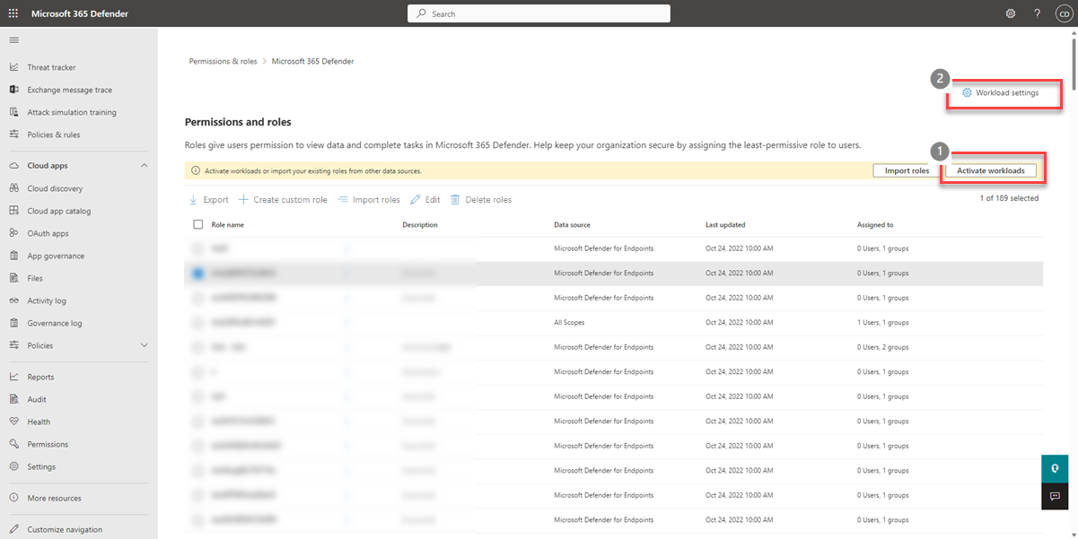 Screenshot of the activate workloads page