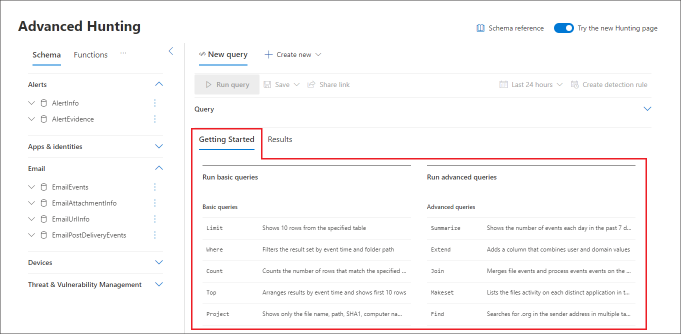 The **Getting started** section in the **Advanced hunting** page in the Microsoft Defender portal
