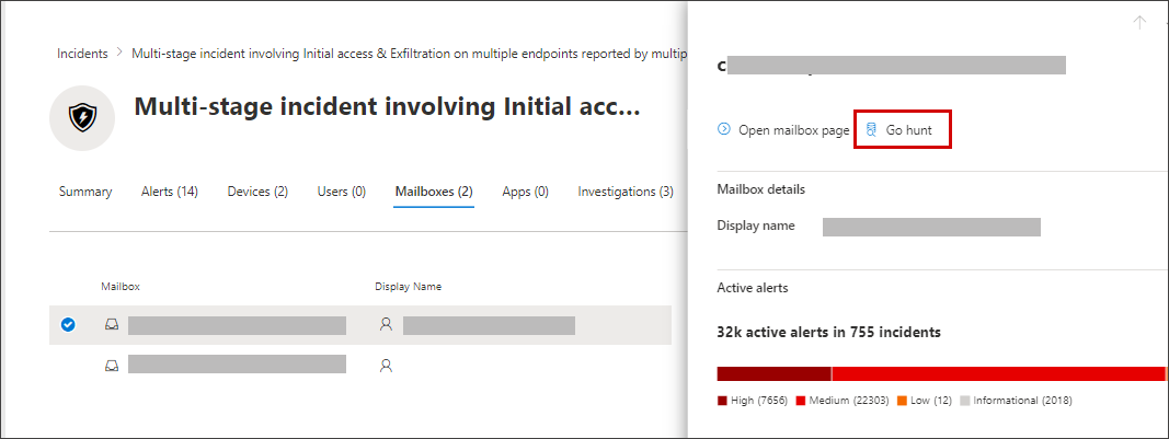 The Mailboxes page with the Go hunt option in the Microsoft Defender portal