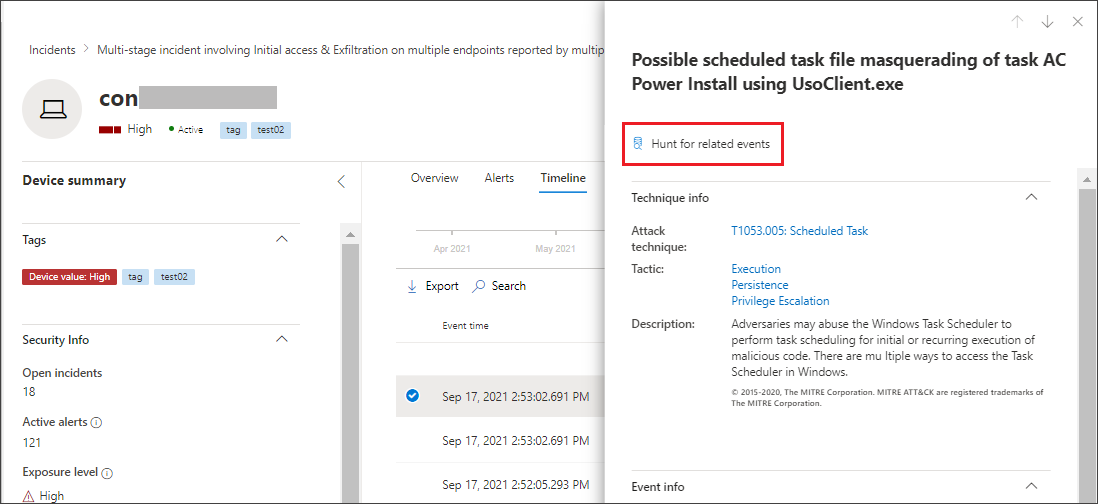 The Hunt for related events option on an event's page in the Timelines tab in Microsoft Defender portal