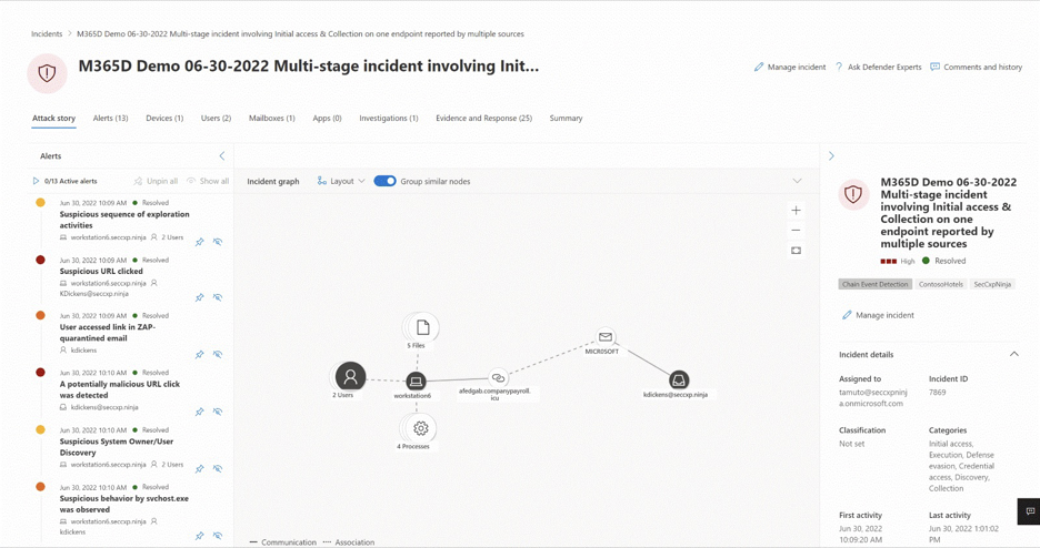 Screenshot that shows the attack story page for an incident in the Microsoft Defender portal.