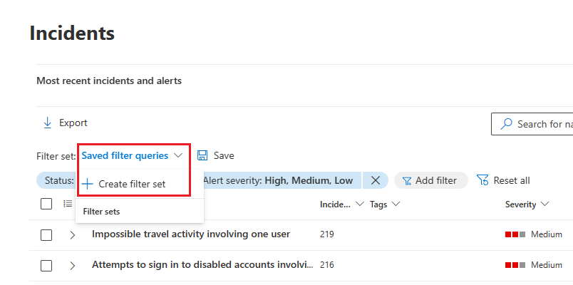 The create filter sets option for the incident queue in the Microsoft Defender portal.