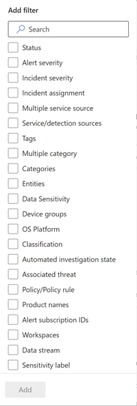 The Filters pane for the incident queue in the Microsoft Defender portal.