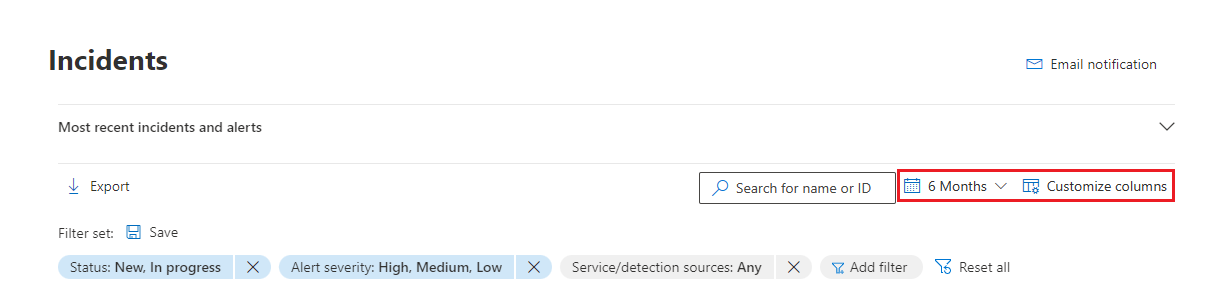 Screenshot of Incident page filter and column controls.