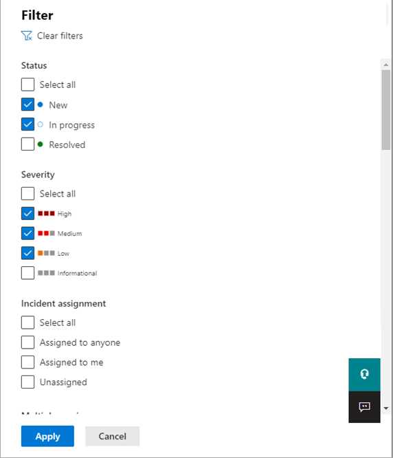 A screenshot of the Filters pane of the Incidents & alerts section in the Microsoft Defender portal.