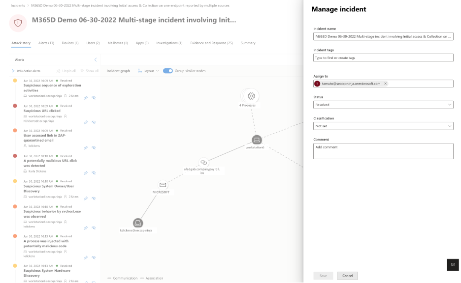 A screenshot of the Manage incident pane of the Incidents & alerts section in the Microsoft Defender portal.