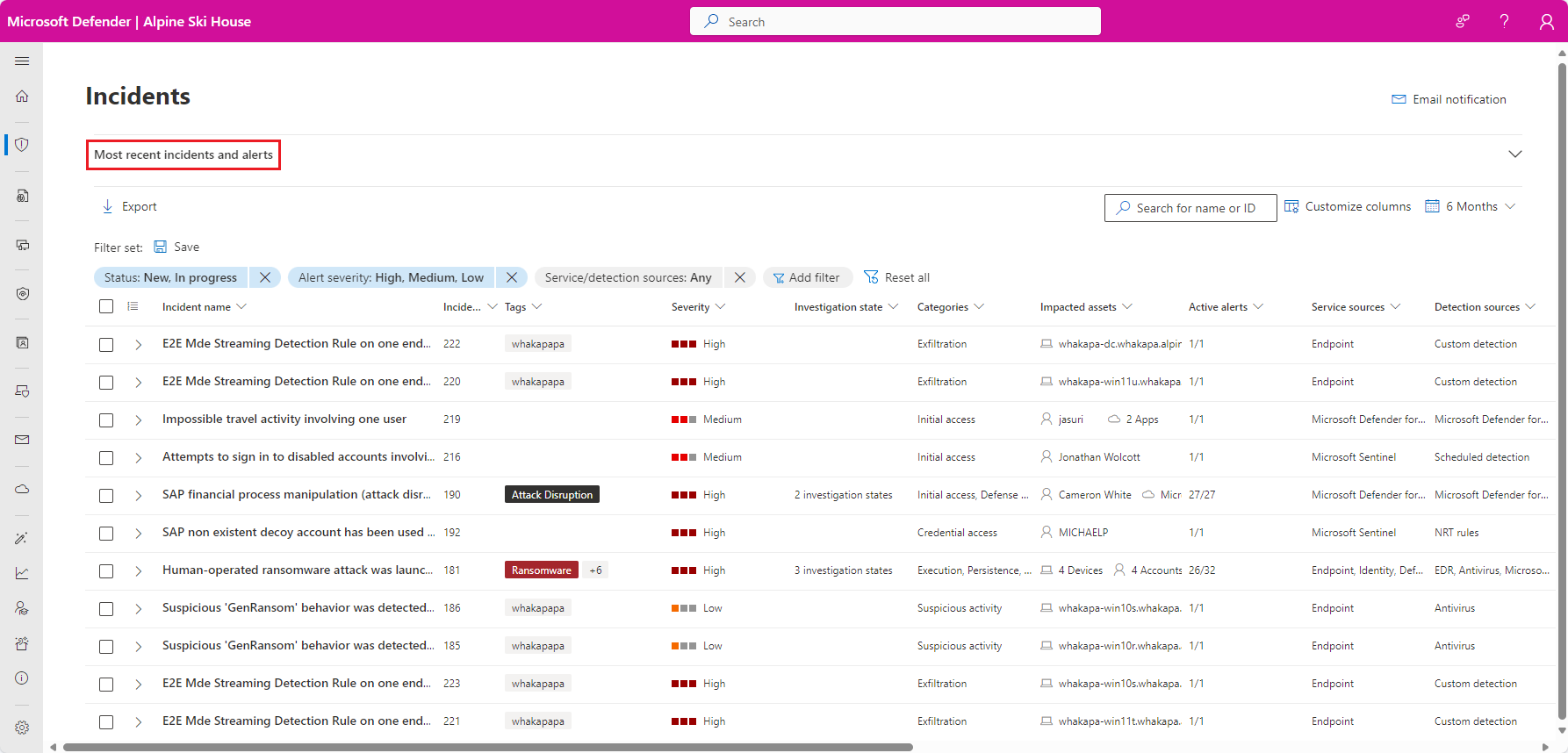 A screenshot of the Incidents & alerts section in the Microsoft Defender portal.
