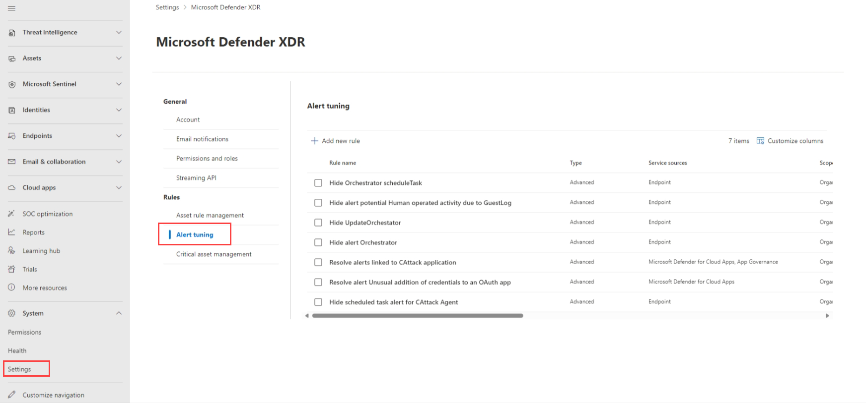 Screenshot of Alert tuning option in Microsoft Defender XDR's Settings page.