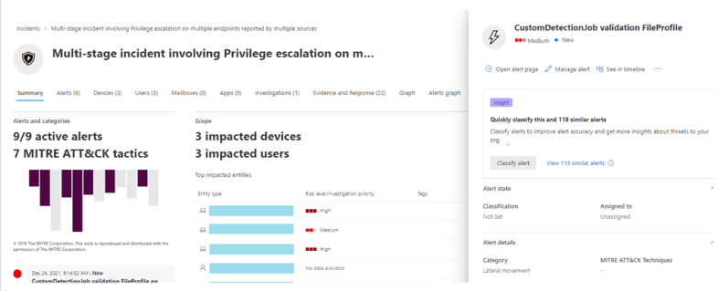 Screenshot showing the details of an alert in the Microsoft Defender portal