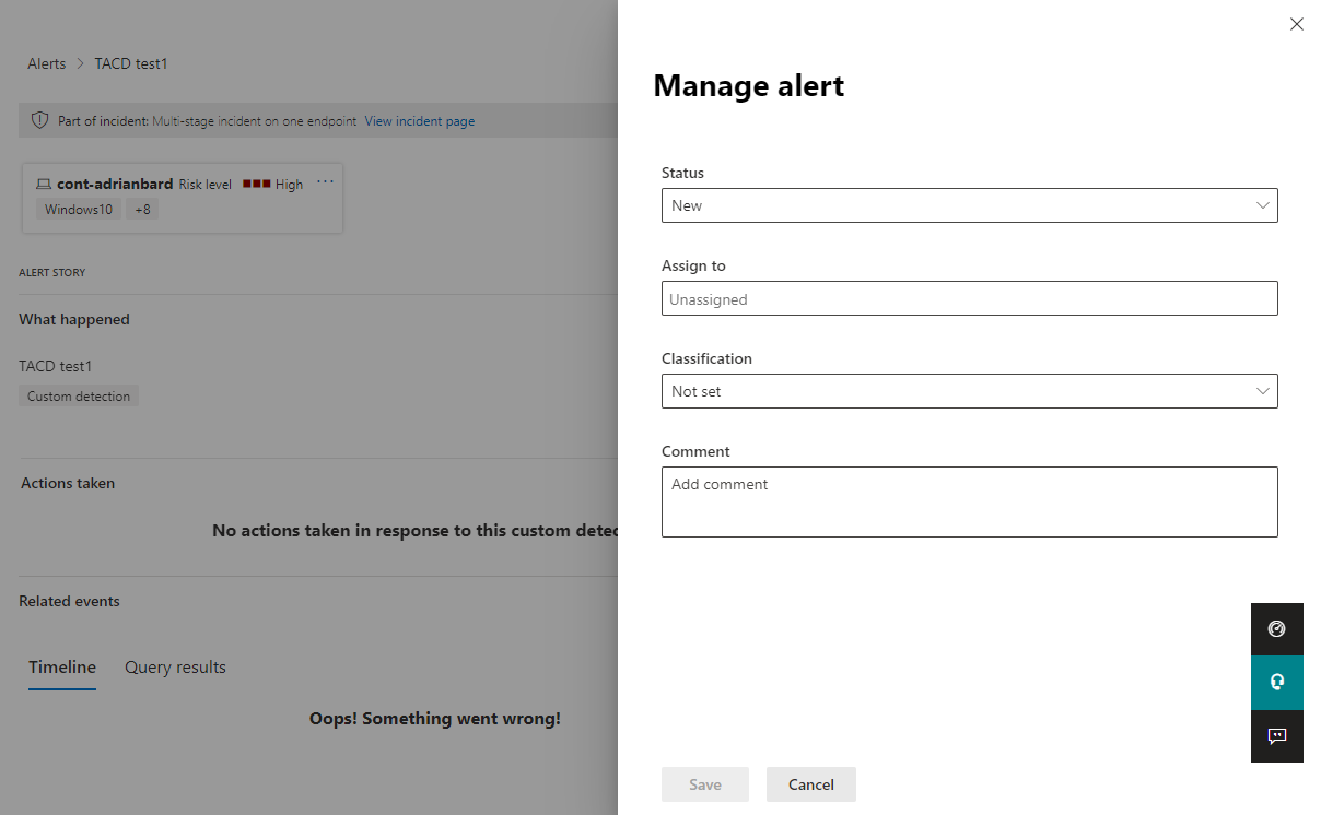 Screenshot of the Manage alert section in the Microsoft Defender portal