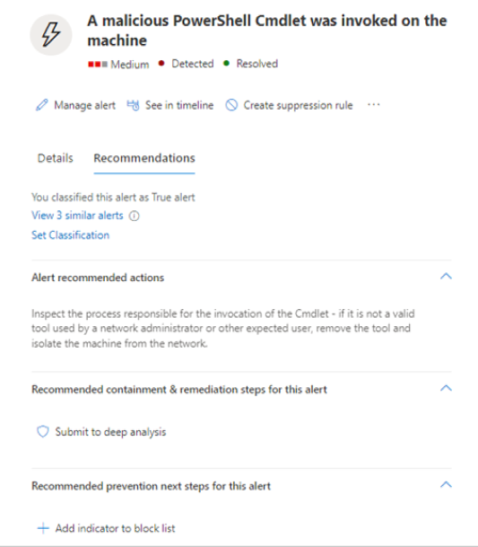 Screenshot of an example of alert recommendations