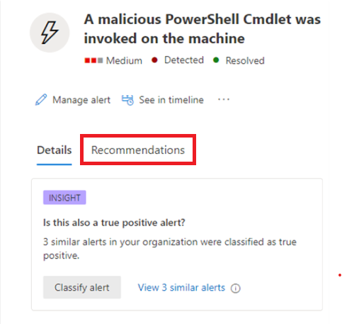 Screenshot of an example of selecting recommendations for an alert