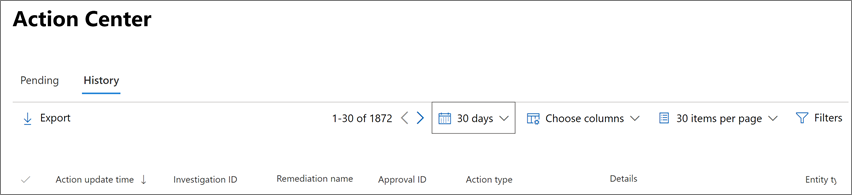 Screenshot that shows the sort, filter, and customize capabilities of the Action center.