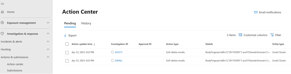 A screenshot of the Unified Action center in the Microsoft Defender portal.