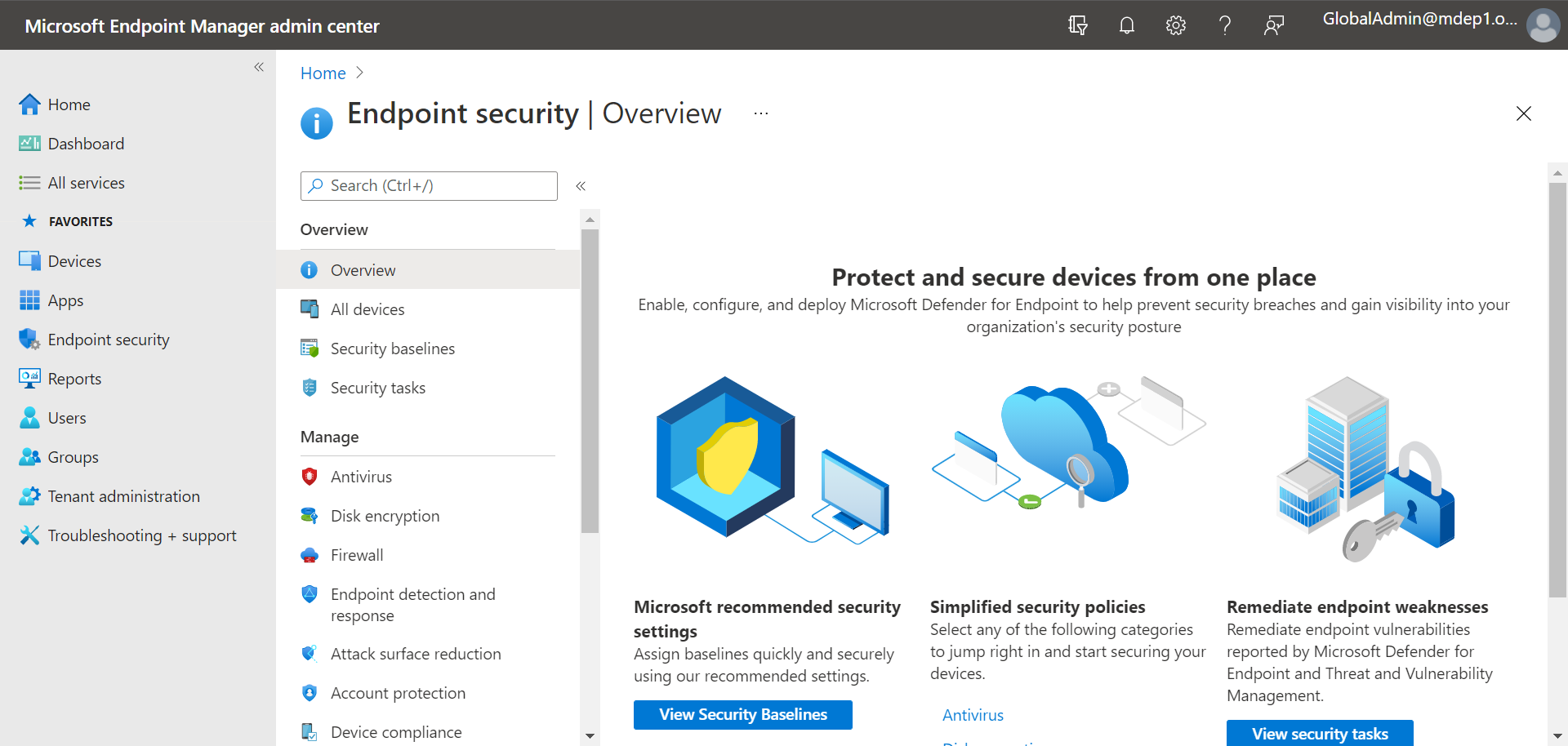 Screenshot of endpoint security policies in the Intune portal.