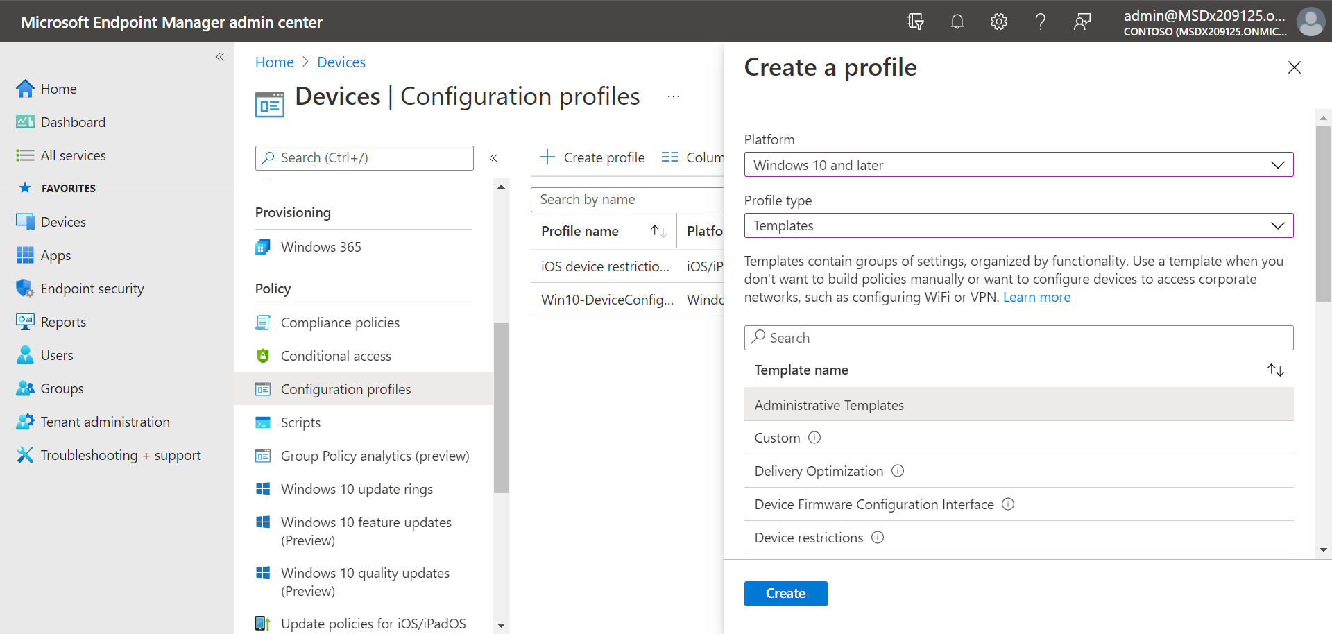 Screenshot of Intune administrative templates.