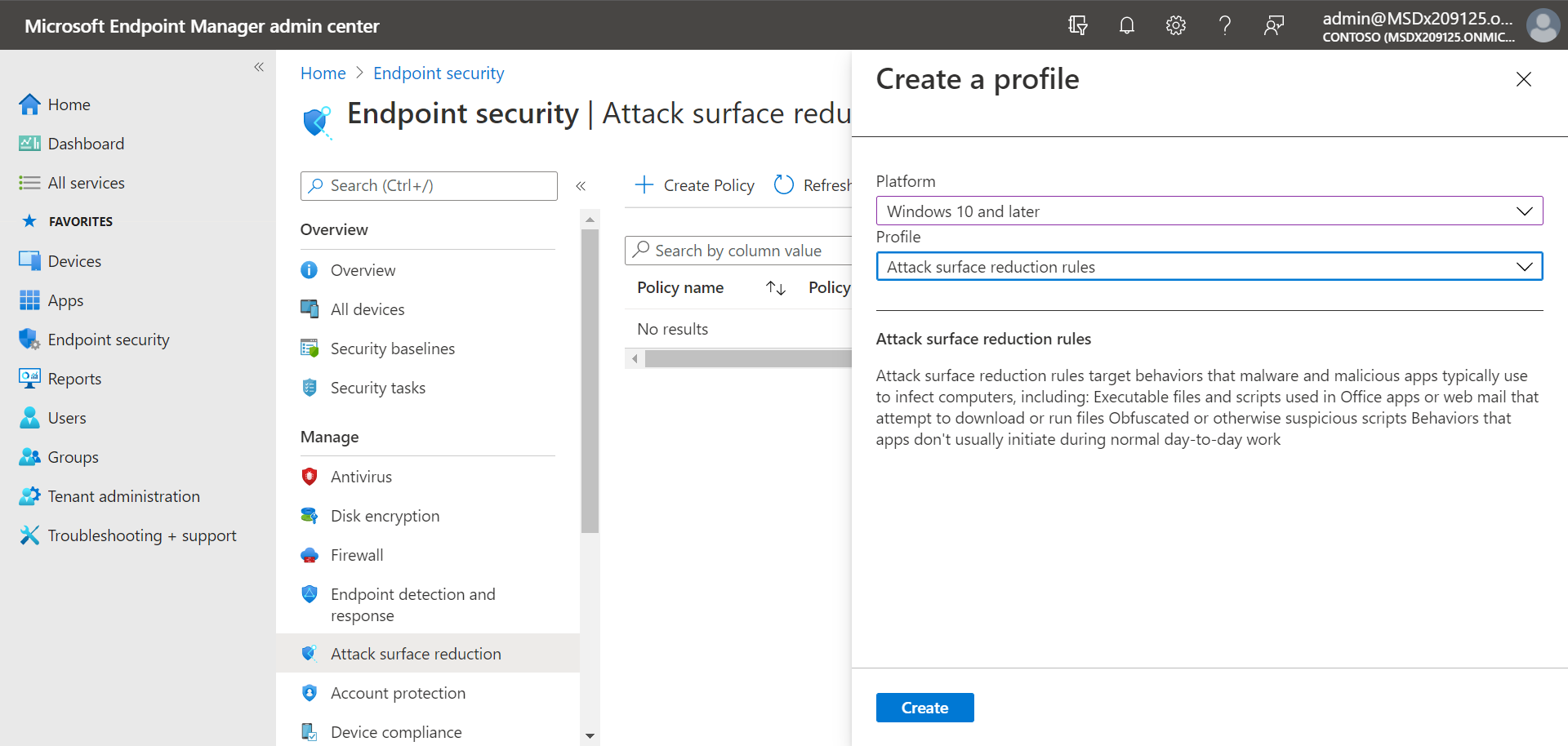 Screenshot of attack surface reduction rules in the Intune portal.