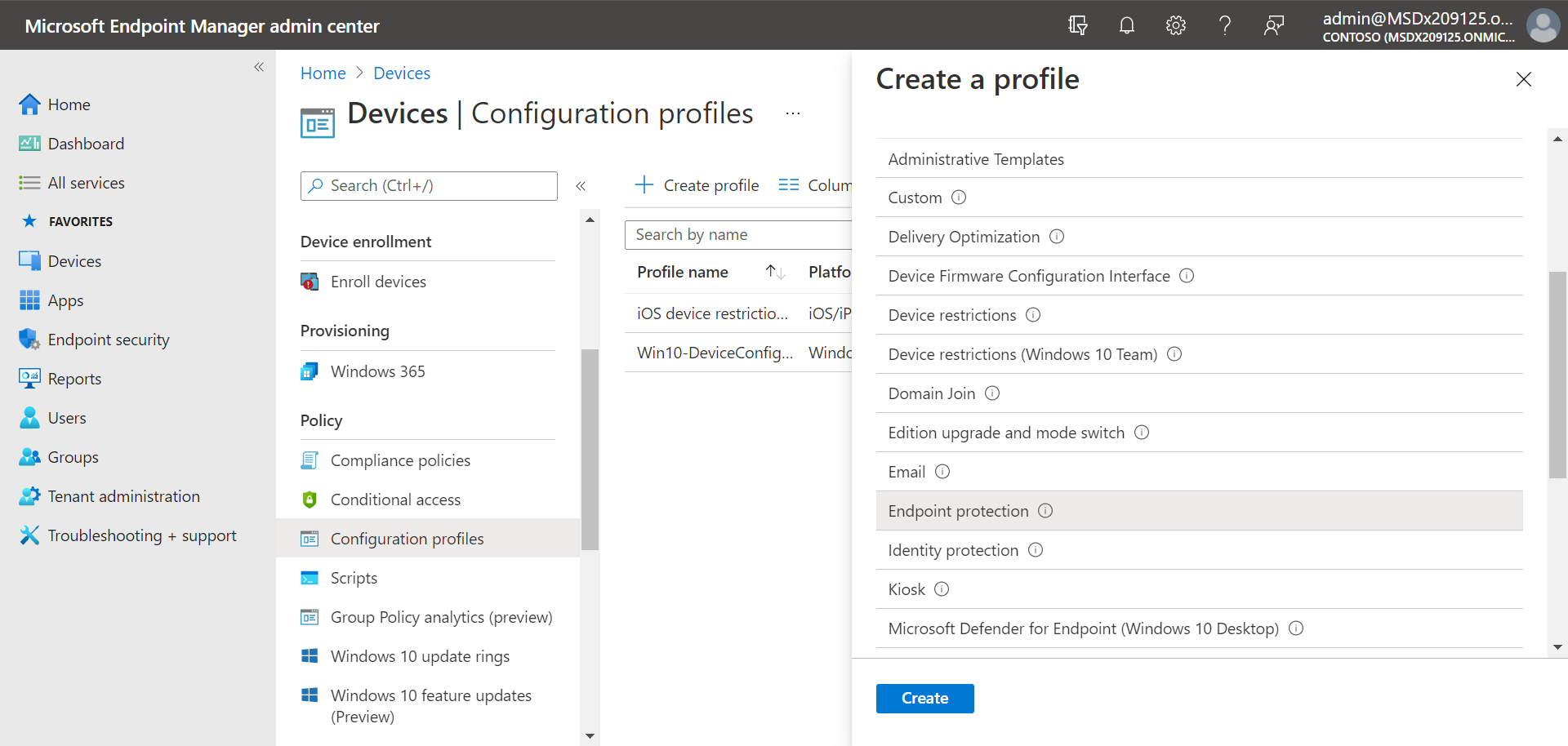 Screenshot of endpoint protection profile in the Intune portal.