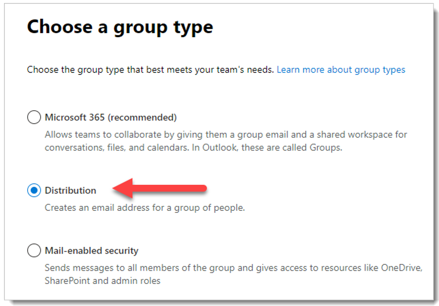 Screenshot of the Choose a group type section.