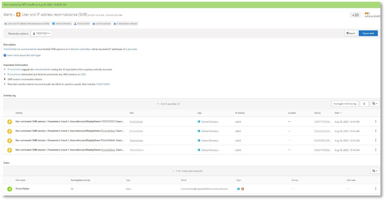 A screenshot of an example of Microsoft Defender for Identity alert for User and IP address reconnaissance.