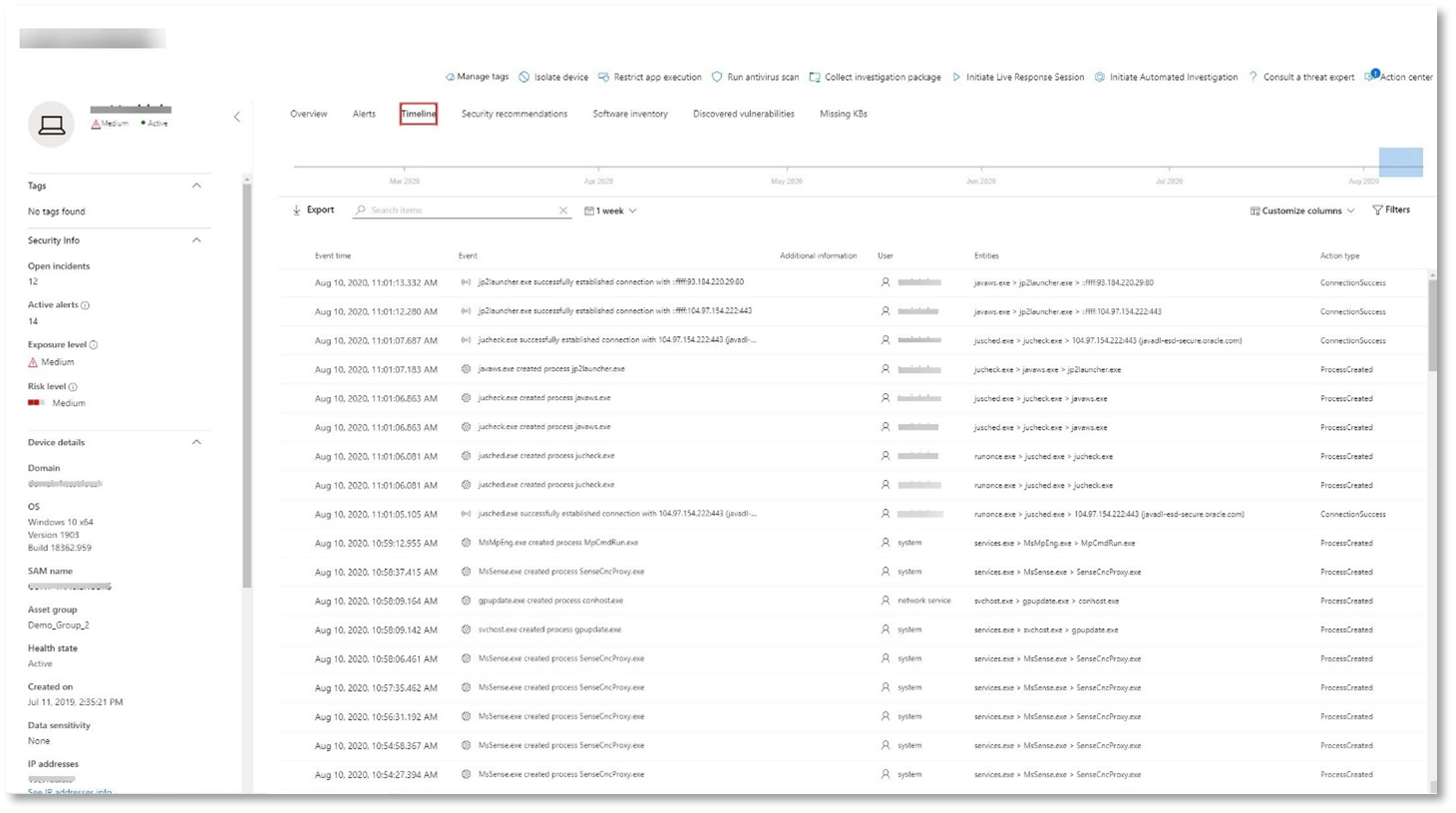 A screenshot of an example of the device timeline with behaviors.