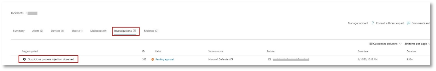 A screenshot of an example of the automated investigations related to the incident.