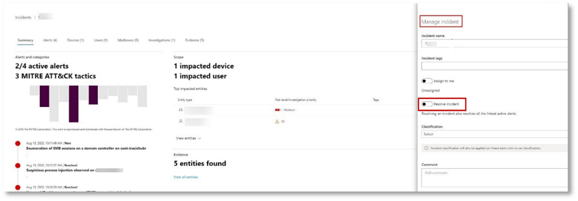 A screenshot of an example of the incidents page with the open Manage incident panel where you can select the switch to resolve incident.