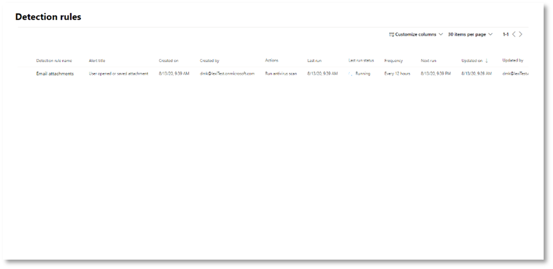 A screenshot of the page displaying the detection rules and execution details in the Microsoft Defender portal.