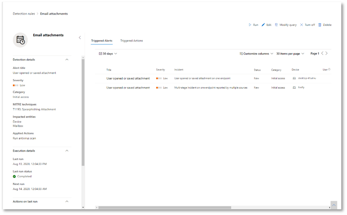 A screenshot of the page displaying details of the triggered alerts in the Microsoft Defender portal.