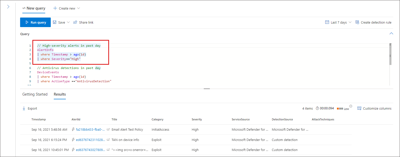 An example of multiple queries execution in the **New query** page in the Microsoft Defender portal