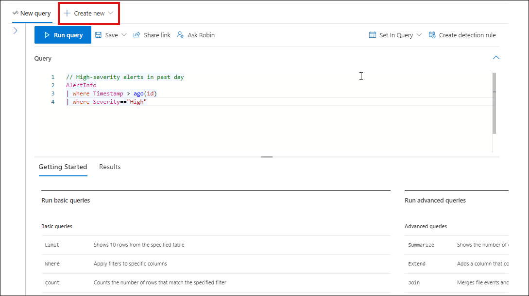 Opening a new tab by selecting Create new in advanced hunting in the Microsoft Defender portal