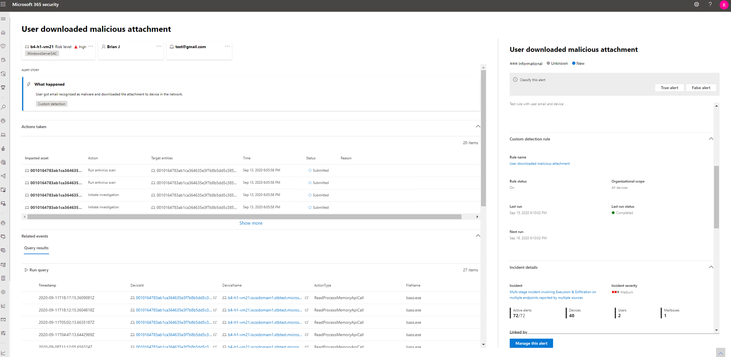 An example of an alert page that displays new alerts generated by custom detection rules in Microsoft Defender portal