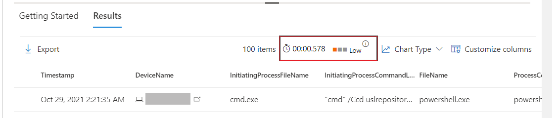 The query details under **Results** tab in the Microsoft Defender portal