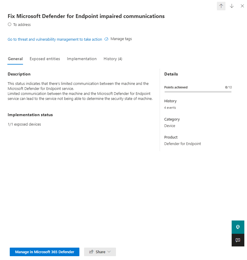 Screenshot that shows the flyout of a recommended action in the Microsoft Defender portal.