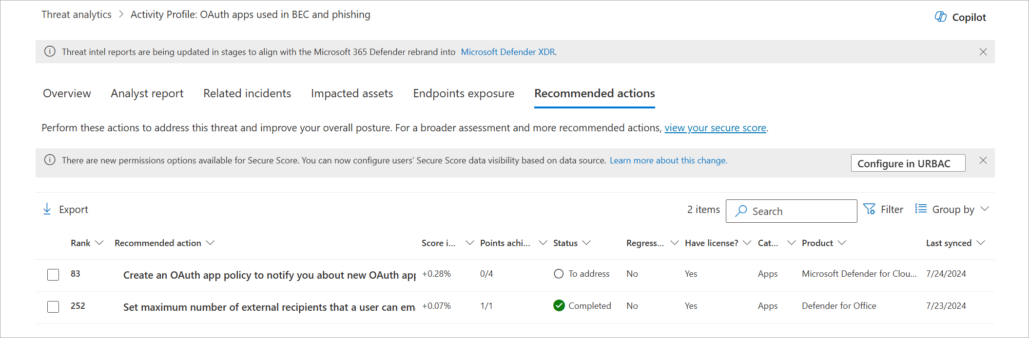 The Recommended actions section of a threat analytics report showing vulnerability details