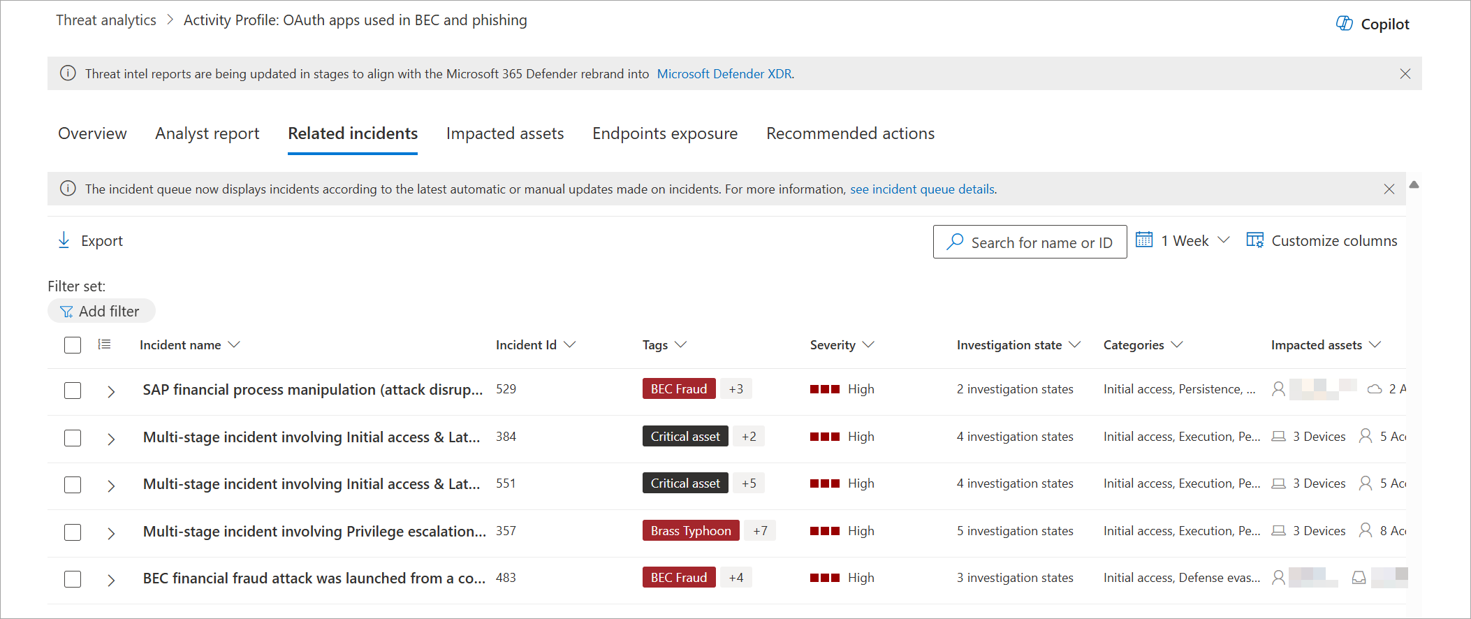 Screenshot of the related incidents section of a threat analytics report.