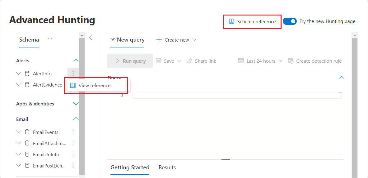The Schema Reference page on the Advanced Hunting page in the Microsoft Defender portal