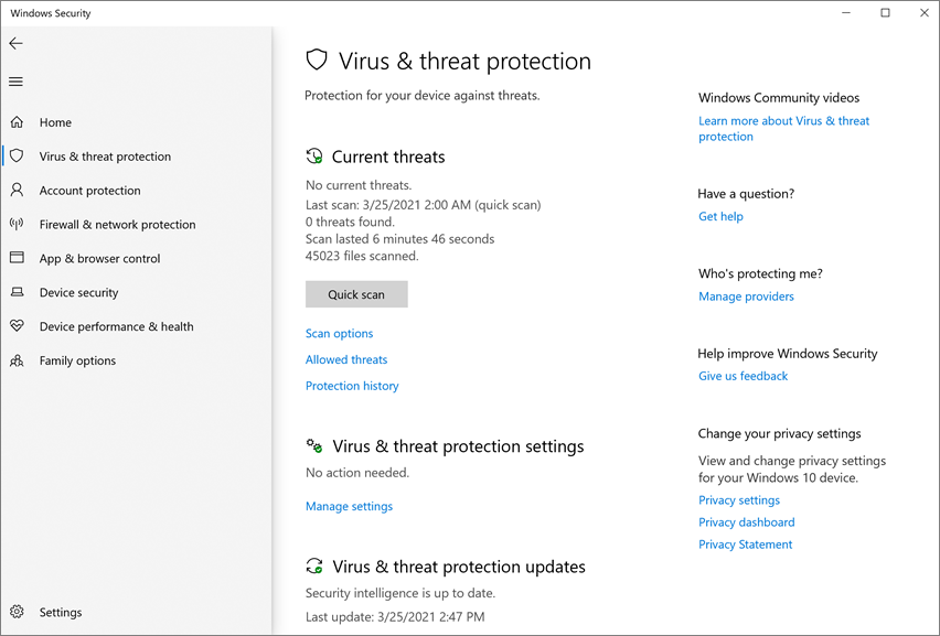 The Virus & threat protection settings